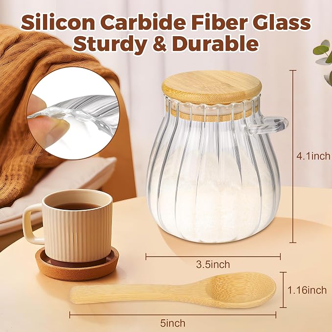 2 Pack Sugar Container with Bamboo Lid and Spoon,15oz Sugar Bowl Glass Jar | Coffee Bar Accessories Coffee Canister Kitchen Decor Housewarming Gift Christmas Refillable Design