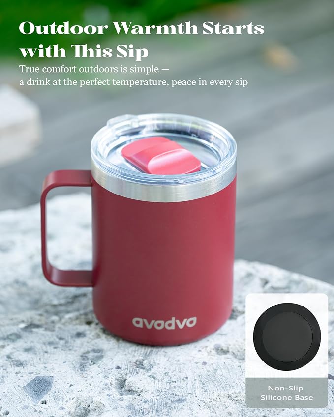 12oz Insulated Coffee Mug with Lid – Includes Two Lids, Stainless Steel Coffee Travel Mug with Handle, Double Wall Vacuum Insulated Camping Mug for Home, Office & Outdoor, Red