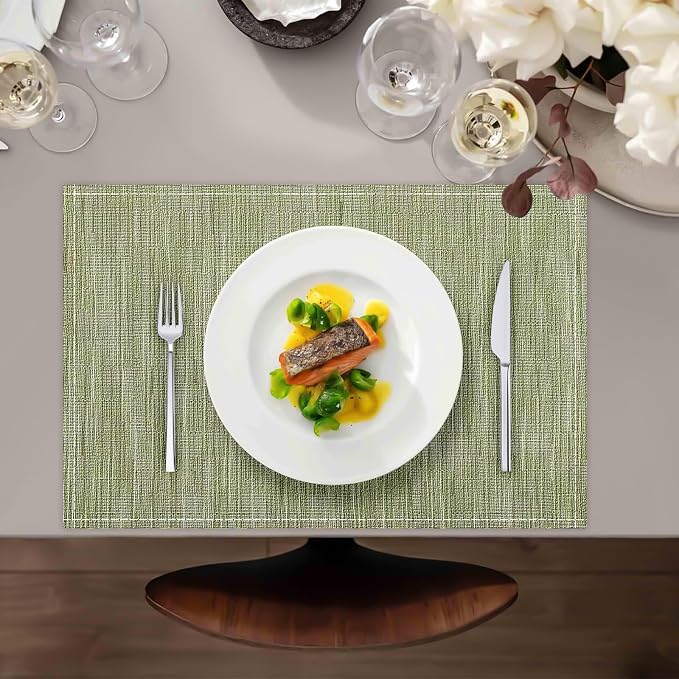 Green Placemats Set of 4, 12x18 Inch Faux Linen Table Mats | Heat Resistant and Washable Design, Easy to Clean Surface for Dining Rooms, Kitchens, Outdoor Parties and Everyday Home Decor