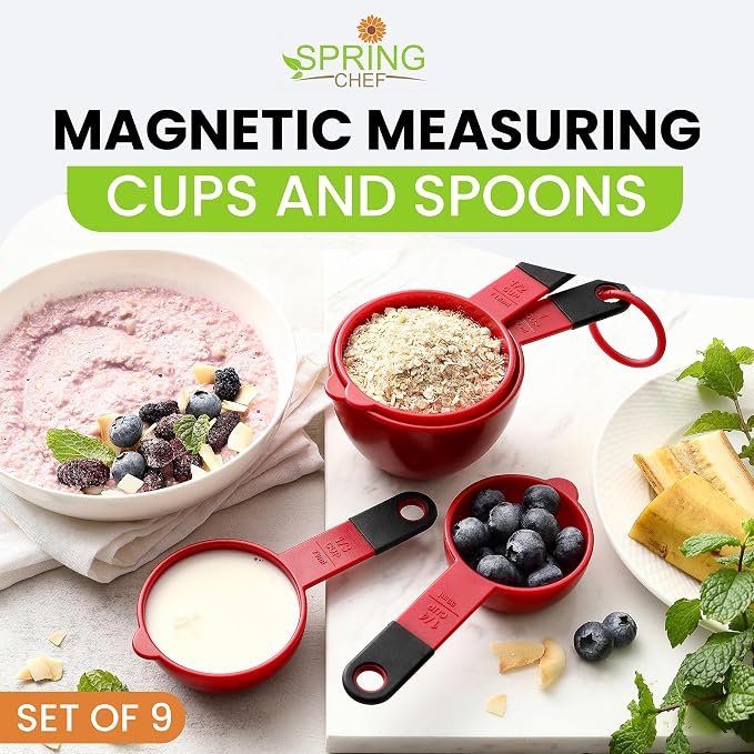 Spring Chef Set of 9 Plastic Magnetic Red Measuring Cups and Spoons | for Dry & Liquid Ingredients - Food Safe & BPA Free - Nesting Design - Dishwasher Safe