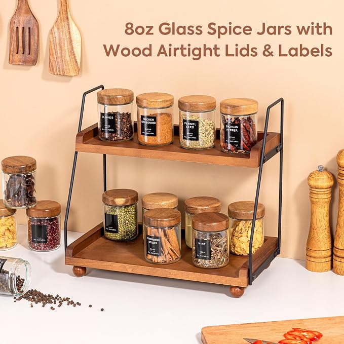 Glass Spice Containers for Kitchen: 12P 8oz Dishwasher Safe Jars | Acacia Wood Lids Round Seasoning Jars w/Lables/Liners for Rack/Cabinet/Drawer