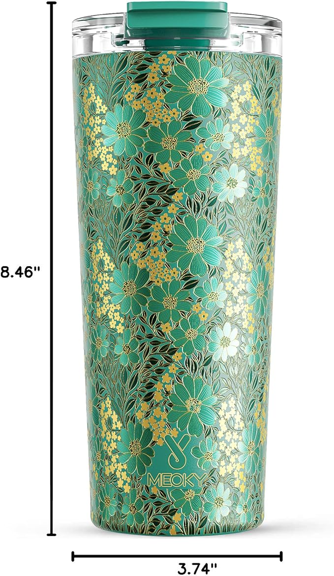 Meoky 24 oz Insulated Travel Coffee Mug: Leak Proof Lid, Emerald Bloom | Stainless Steel Coffee Tumbler, Keeps Hot for 8 Hours or Cold for 24 Hours, Fits in Car Cup Holder, BPA Free