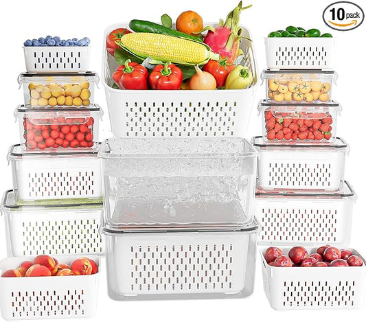 KEMETHY 10 Pack Fruit Storage Containers for Fridge with Removable Colanders - Food Storage Containers with Lids, BPA-Free Produce Containers Keep Fruits, Vegetables, Berry, Meat Fresh Longer