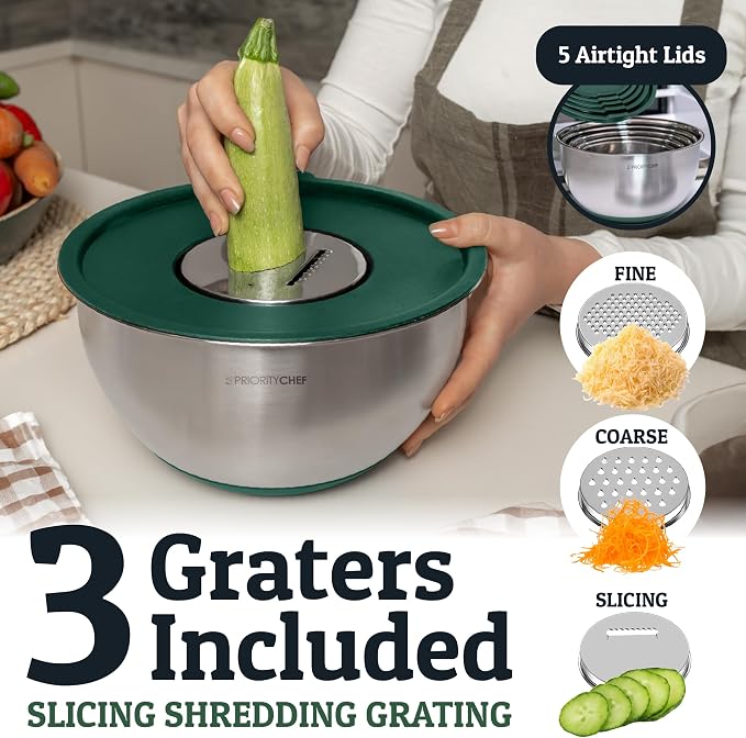 Stainless Steel Mixing Bowls with Lids Set, 3 Grater Attachments, Airtight Lids, Non-Slip Silicone Base Mixing Bowl Set, Large Prep Metal Mixing Bowls for Kitchen, Green