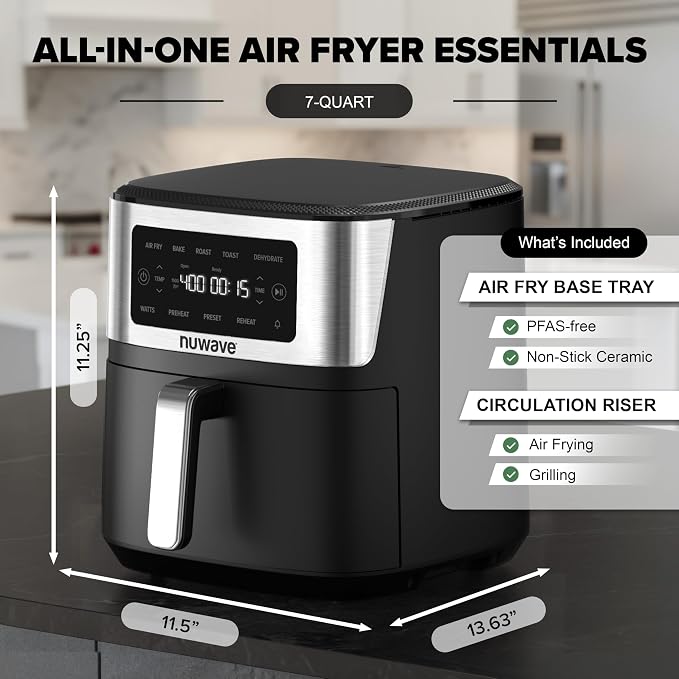 Nuwave Brio Plus 7QT Air Fryer, Extra Crispy Results w/Less Oil, PFAS-Free | Non Toxic, Odor-Free, More Even, 100 One-Touch Presets, 6-in-1: Air Fry, Bake, Roast, Toast, Dehydrate & Reheat, 50°F–400°F