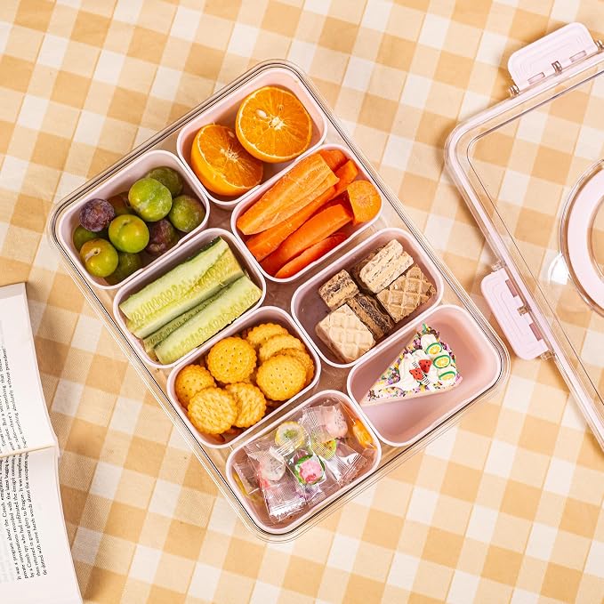 Dingerjar Divided Serving Tray with Lid and Handle - Snackle Box Charcuterie Container for Portable Snack Platters Organizer for Candy, Fruits, Nuts, Snacks - Perfect for Party, Entertaining, Pink