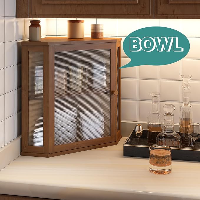 viewcare Corner Bread Box for Kitchen Counter, Bamboo Wood Large Capacity Bread Storage Bin with Acrylic Wavy Door Panel (Brown, Extra Large)
