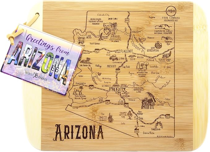 Totally Bamboo A Slice of Life Arizona Engraved Map Cutting Board | 11” x 8.75” charcuterie board with engraved state map artwork. Smooth reverse side for food prep. Hang tie for wall display.