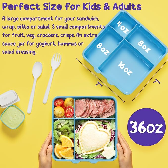 Fimibuke Chill Bento Box for Kids, Toddler Lunch Box with Built-In Ice Pack | Keep Cold Leak Proof BPA Free 4 Compartment Lunch Container with Utensil for Girl Boy School Adult, Microwave Dishwasher Safe