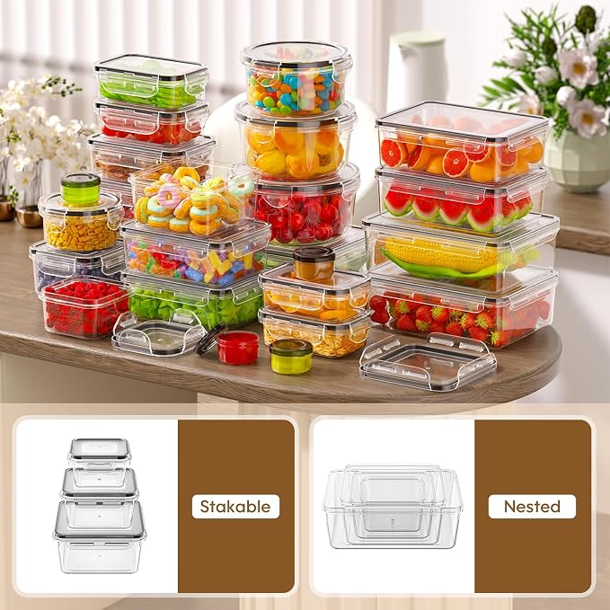 KEMETHY 60 PCS Food Storage Containers with Lids Airtight, Total 737oz, BPA-free, Food-grade, Eco-friendly Material, Leak Proof Plastic Containers, Microwave/Dishwasher Safe
