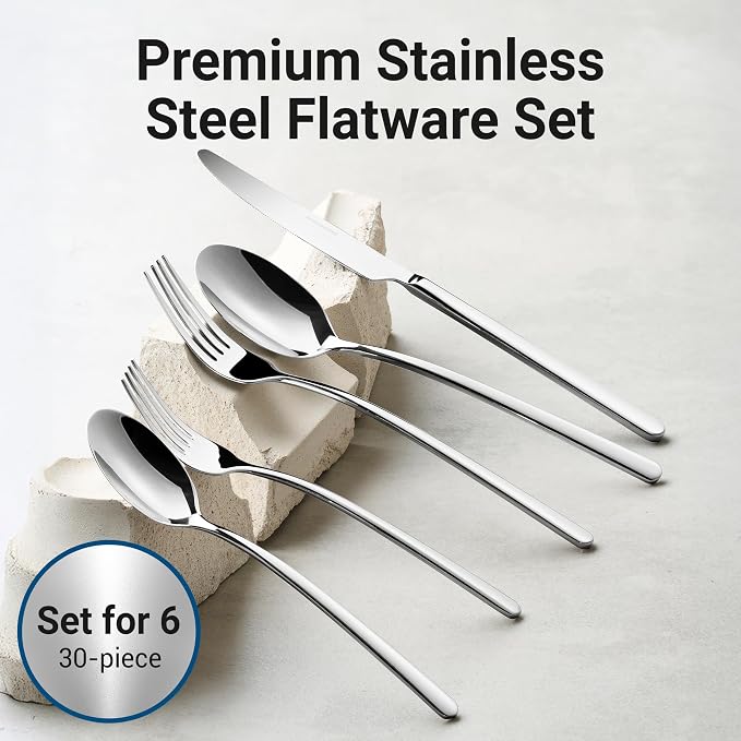 30-Piece Durable 18/10 Silverware Set, Stainless Steel Flatware | Dishwasher Safe, Service for 6, Spoons and Forks Set for Everyday Use, Home, Kitchen, Restaurant, Hotel, Party (Riesa)