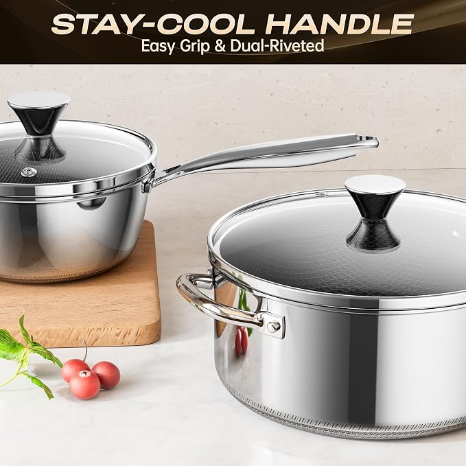 Hybrid Nonstick 2-Quart Stockpot,8 Inch Stainless Steel Stockpot with Glass Lid,PFAS PFOA PTFE Free, Dishwasher-Friendly, Oven-Safe Up to 600°F,Non-stick Soup Pot Compatible with All Cooktops