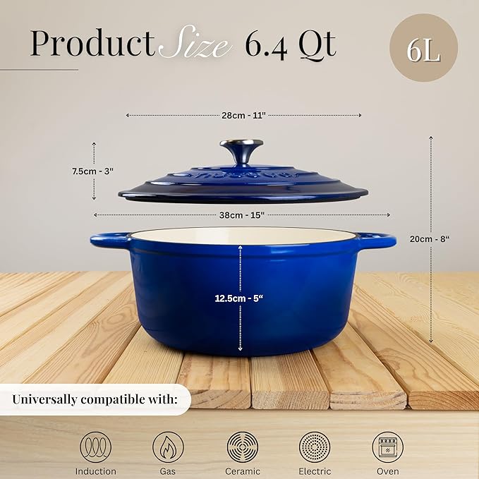 Nuovva Enamelled Cast Iron Dutch Oven Pot with Lid-6.4 Quart Non Stick Casserole Pot-Heavy Duty & Oven Safe up to 500° F for Bread Baking, Braising, Stews, Roasting - 28cm Dark Blue