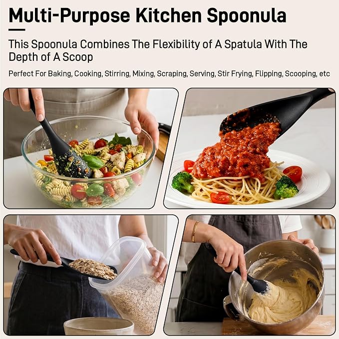 3 PACK Silicone Cooking Spatula & Spoon for Nonstick Cookware | Multifunction Spoonula for Baking, Cooking, Serving, Mixing, Stirring, Scoop, Scrape - One-Piece Formed, Dishwasher Safe