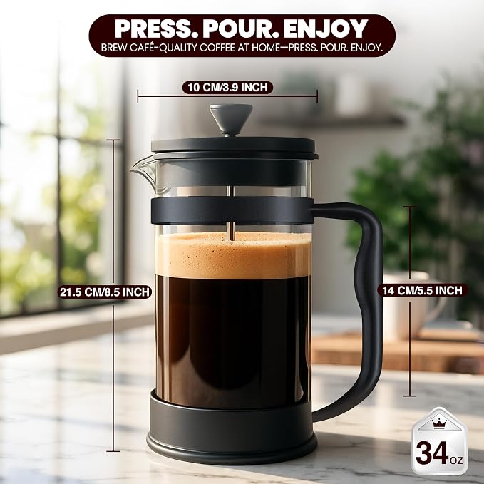 Utopia Kitchen Borosilicate Glass French Press Coffee Maker 34 oz, Heat-Resistant Cafetiere & Tea Maker, Thickened Glass Coffee Press for Travel and Camping, Black (Pack of 2)