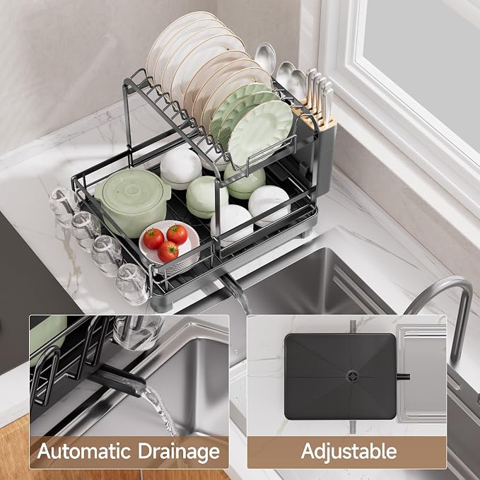Runnatal 2-Tier Dish Drying Rack, Large Dish Drainers for Kitchen Counter | Anti-Rust Dish Rack with Drainboard, Utensil Holder, Extra Cup Holder, Black