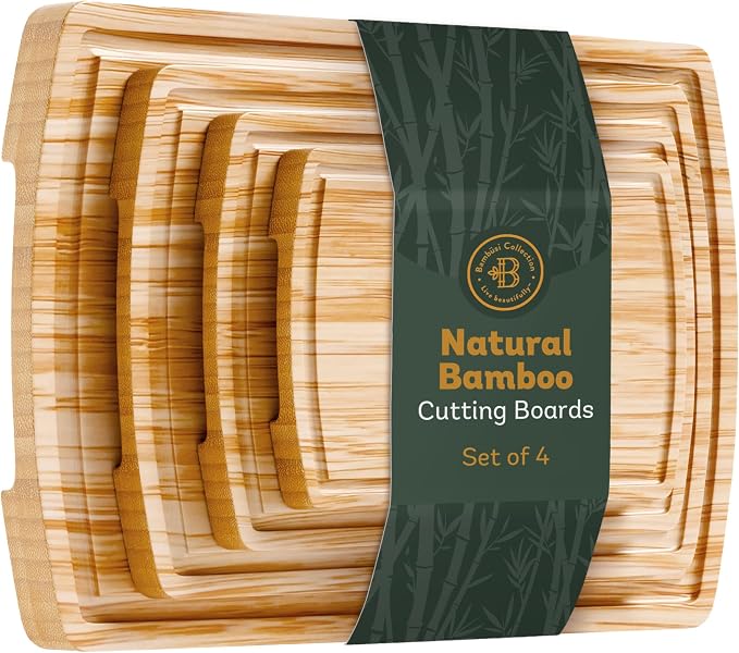 Bamboo Cutting Boards for Kitchen, Extra Large Wooden Chopping Board Set | Deep Juice Groove, Knife-Friendly, Side Handles, Reversible Butcher Block, for Serving, Meat, Veggies, Cheese, 4 Sizes