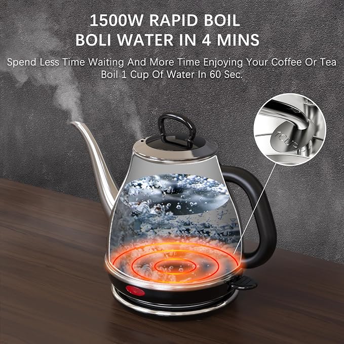 Anfilank Electric Gooseneck Kettle, 1L 1500W Fast Boil, 100% Stainless Steel BPA Free Pour-Over Coffee & Tea Kettle, Water Boiler with Auto Shut & Boil-Dry Protection, Silver