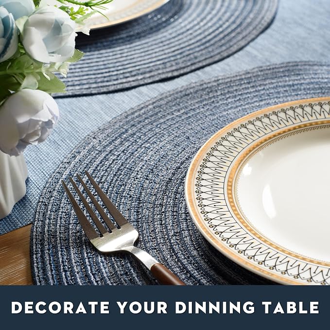 FunWheat Round Braided Placemats Set of 8 Place mats for Dining Tables Woven Heat Resistant Table Mats 15 inch(E Klein Blue, 8pcs)