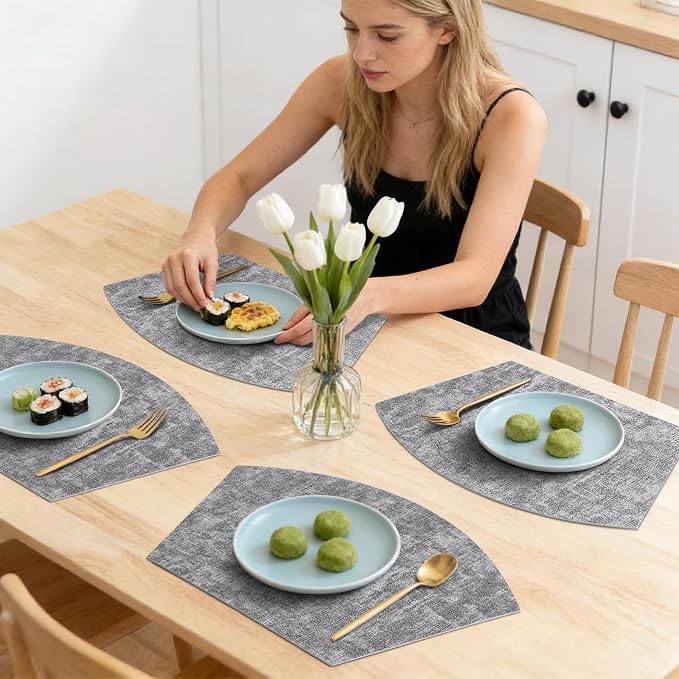 Homaxy Wedge Faux Leather Placemats for Round Table, Set of 6, Black & White