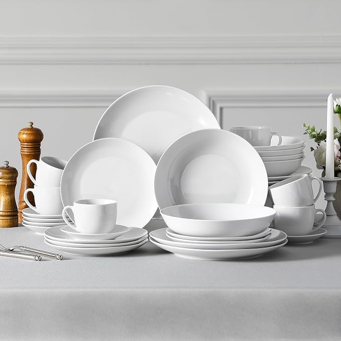 MALACASA 30-Piece Porcelain Dinnerware Set, White Round Dish Set for 6 | Serving Plates and Bowls Sets for Dessert, Salad, Soup, Pasta, Microwave & Dishwasher Safe, Including Cups - Series AMELIA