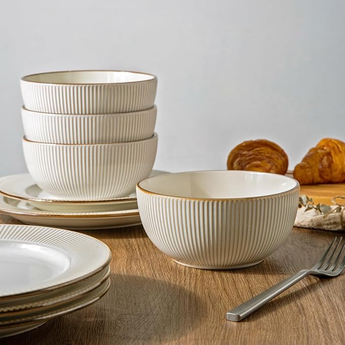 GBHOME Ceramic Dinnerware Sets,12 pcs Embossed Elegant Stoneware Plates and Bowls Sets, Housewarming Wedding Gift | Dishwasher & Microwave Safe | Dishes Set Service for 4 | Embossed Elegant Stoneware Dishes Set | Dishwasher & Microwave Safe | Service f...