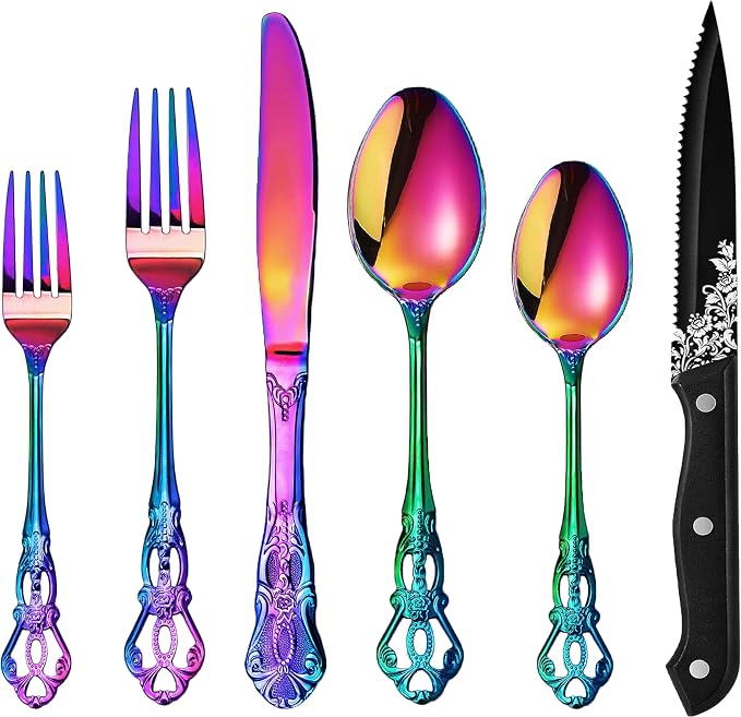 Runfly Gorgeous Retro Royal Rainbow Stainless Steel 48-Piece Flatware Set | Silverware Set for 8, Anti-rust Cutlery Set Utensils Kitchen Including Fork Spoon and Knife
