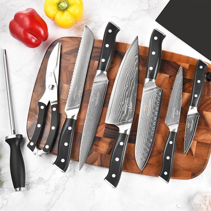 NANFANG BROTHERS Damascus Knife Set, 9-Piece VG10 Kitchen Knives | with Block