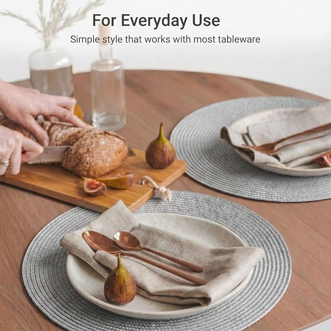 FunWheat Round Braided Placemats Set of 6 Table Mats for Dining Tables Woven Washable Non-Slip Place mats 15 inch(Grey, 6pcs)