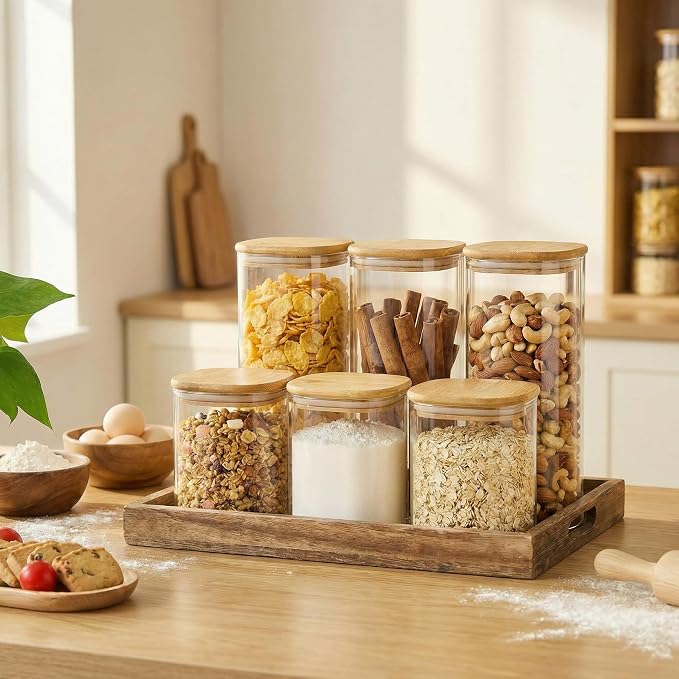 27oz Square Glass Food Storage Containers with Airtight Bamboo Lids, 4 Pack | Pantry Jars for Flour, Sugar, Pasta & Spices, Durable Borosilicate Glass Canister Keep Food Dry & Fresh, Easy to Fill & Clean