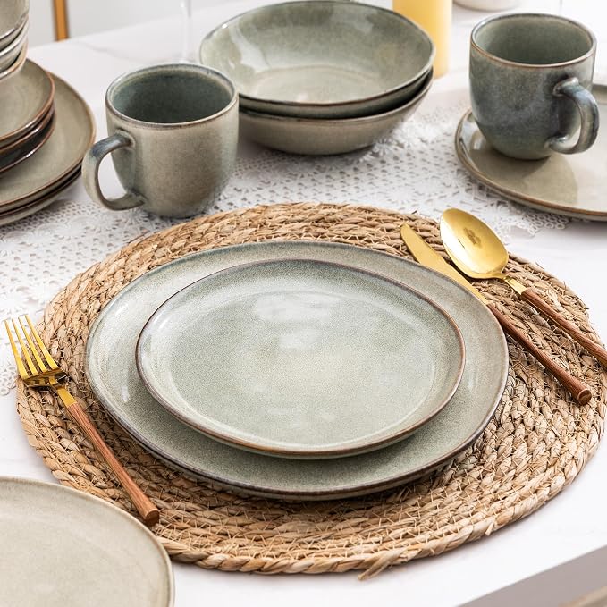 AmorArc Ceramic Dinnerware Sets for 8, 24Pcs Plates and Bowls Sets Dishes | Stoneware Handmade Reactive Glaze Dinner Set, Highly Scratch Resistant | Dishwasher & Microwave Safe Dishware