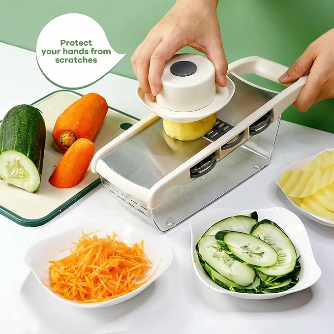 6-in-1 Mandoline Slicer for Kitchen, Multi Blade Veggie Cutter with Drainage Tray, Stainless Steel Blades, BPA-Free, Non-Slip Base & Easy Clean for Meal Prep (stainless steel)
