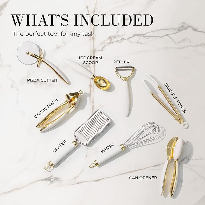Styled Settings White & Gold Cooking Utensils Set, 8-Piece | Kitchen Utensils Set Includes Can Opener, Tongs and Garlic Press, White and Gold Kitchen Accessories for Kitchens