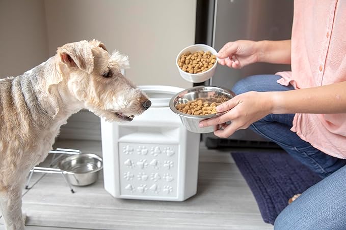Vittles Vault Pawprint Pet Food Storage Container For Dog Food, Kibbles/Bird Seed/Oatmeal/Rice/Flour/Cereal, BPA Free, Plastic, Sealed Airtight For Cat Food, Up To 25 lb, Made in USA, With Scoop, Gray