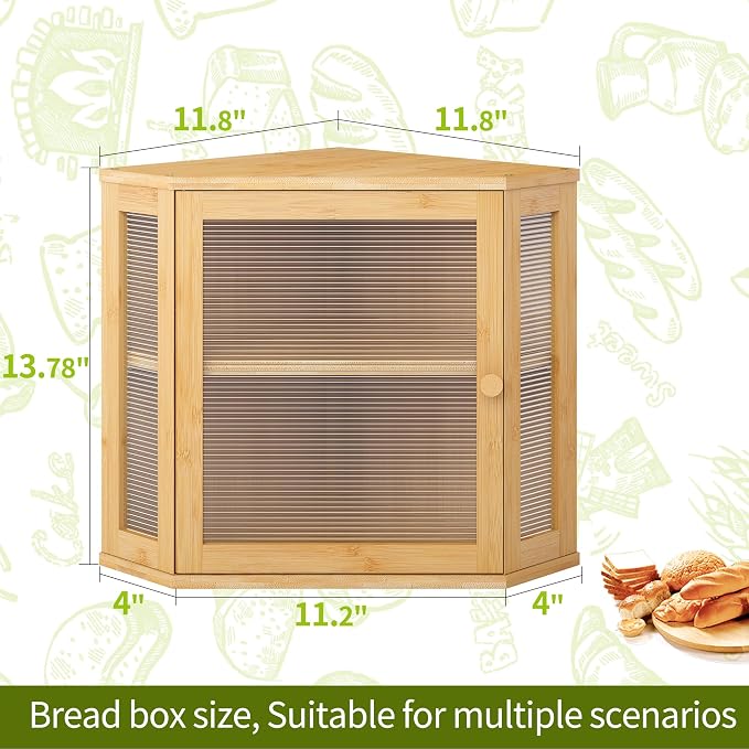 BMOSU Corner Bread Box for Kitchen Countertop Double Layer Bamboo Wooden Bread box Large Capacity Bread Storage Bin(Natural, Medium)