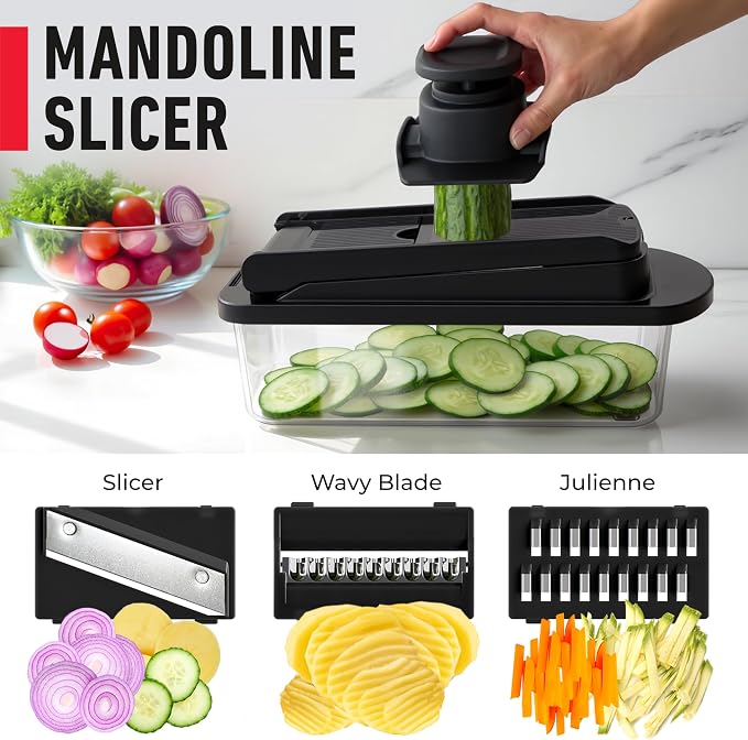 MUELLER HOME Pro-Series 10-in-1, 8 Vegetable Chopper & Mandoline Slicer | Food-Prep Tool, Fruit Cutter, Dicer, Veggie Chopper with Container, Kitchen Essentials, House Warming Gifts New Home, Black