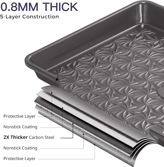 Nonstick Baking Sheet Pan Set of 3, Cookie Sheets for Oven, Non-Toxic, Gray | Half, Quarter & Jelly Roll Pans, Floral Swirl Texture, Heavy-Duty 0.8mm Carbon Steel, Even Heat Distribution