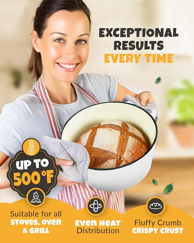 5 QT Enameled Bread Baking Pan with Lid for Artisan Sourdough Set | Dutch Oven for Sourdough Bread Baking, Enameled Bread Pan with Lid, Banneton, Bread Sling, Lame, Dough Whisk & Clear Guide