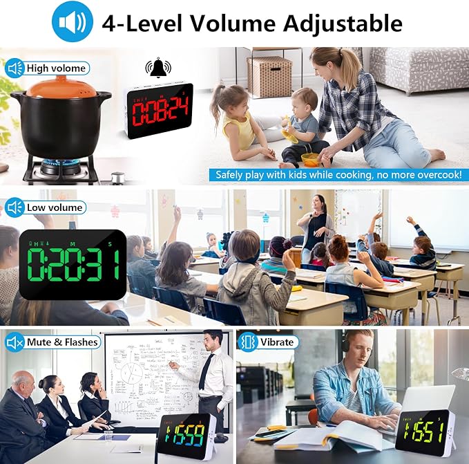 Samshow Rechargeable Digital Kitchen Timer, 2 Packs, Color Change | 10 Dynamic RGB Color, Countdown/Up, 3 Brightness 4 Volume Adjustable, Magnetic, 5" LED Display, For Classroom/Home/Classroom