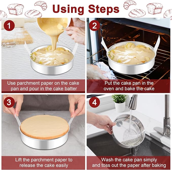 LIANYU 8 Inch Cake Pan Set of 3, Round Baking Pans for Layer Birthday Cake | Non Toxic Stainless Steel, Bakeware Tin with 90 PCS Parchment Paper for Wedding Christmas Party, Leak-proof & Dishwasher Safe