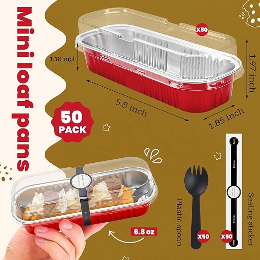 NPLUX Mini Loaf Pans with Lids, 50 Pack Red 6.8oz for Dessert Tables | Use for tasting samples, dessert bars, fruit cups and brownies; cover-after-cooling setup helps cut repacking steps.