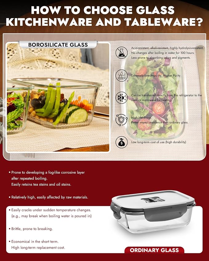 Airtight Glass Food Storage Containers with Tempered Glass Lids, 4.6 Cup (37.2oz) for Meal Prep, Oven & Microwave Safe, Leak Proof, Stackable, Non-Slip Grip, 4 Container Set