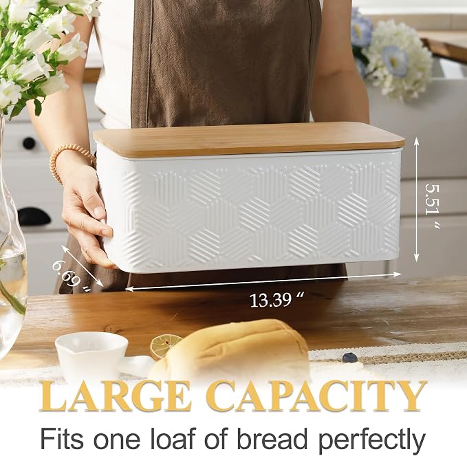 Large White Hexagon Stripe Embossed Bread Box with Bamboo Lid | Corner Breadbox for Homemade Bread, Metal Bread Storage Container Bin for Kitchen Countertop
