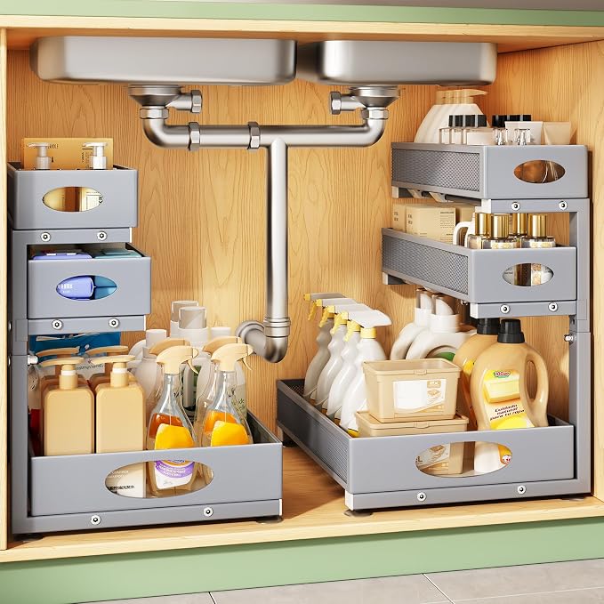 Kitstorack Under Sink Organizer 3-Tier Slide Out Drawer 2-Pack Grey | Height Adjustable, Metal Mesh Storage Rack, Pull out Cabinet Organizer Shelf for Bathroom Kitchen Pantry Home Organization