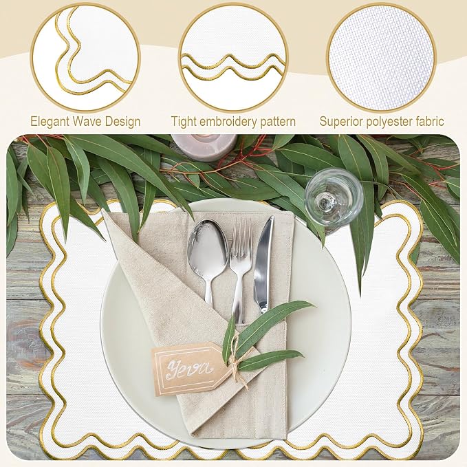 HunnmingRe White with Gold Set of 6 Cotton Linen Wedding Placemats, 13x19 Inch Scalloped Wavy Embroidery Placemat Double Layered Washable Rustic Rectangle Dinner Table Mat for Home Decor