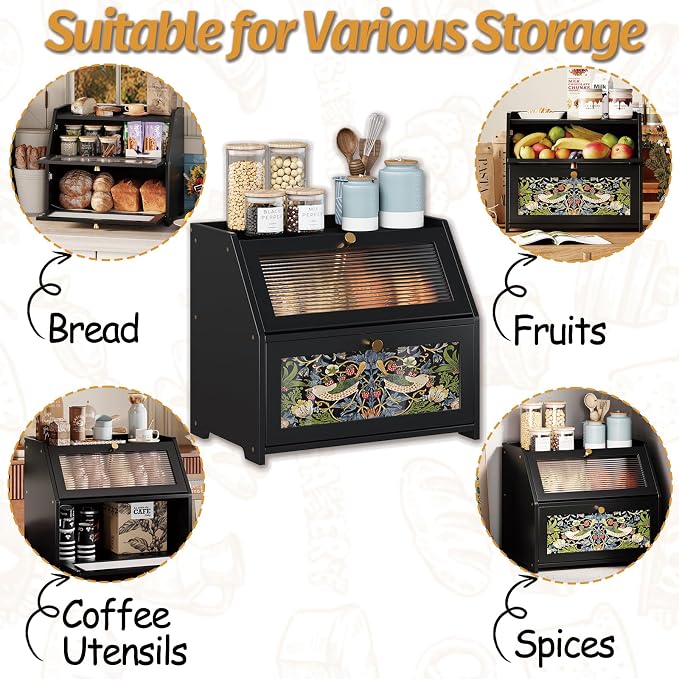 Trironsun Bamboo Bread Box for Kitchen Counter Black Bread Storage Container with Acrylic Door William Morris Flower Bird Design Farmhouse Breadbox Organizer (Black, 2 Layer)