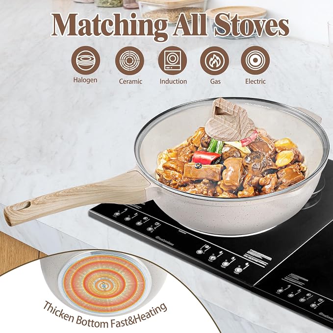 AOSION 11 Inch Nonstick Ceramic Deep Frying Pan with Lid & Steam Rack, 5QT Sauté Pan, Large Ceramic Skillet,Stay Cool Handle, Induction Compatible, PFOA & PFAS Free,white.