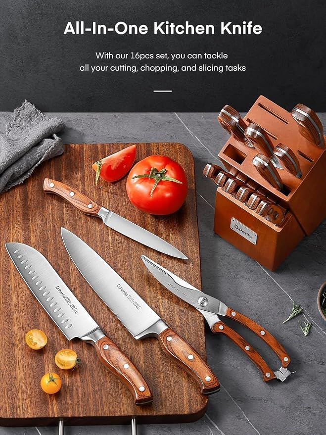 Kitchen Knife Set, 16 Pcs Stainless Steel Knife Block Set with Wood Handle | Kitchen Knife Set with Sharpener, Professional Poultry Shears, Razor Sharp, Rust Resistant, Elegant Gift for Home Chefs