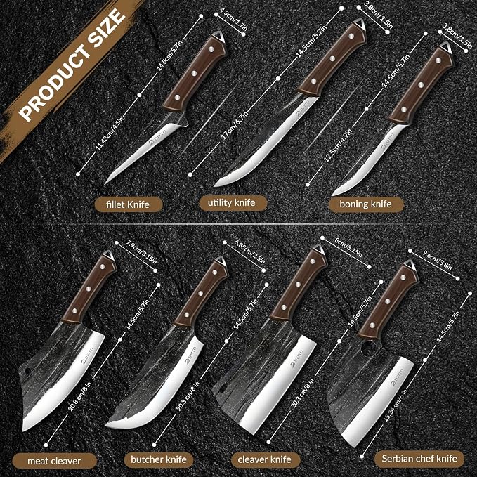 Butcher Knife Set, Sharp Kitchen Knife Set with Roll Bag Gift for Men | Hand Forged 14PCS Butcher Chef Knife Set with Bone Chopping Knives & Meat Cleaver Knife & Fillet Knives for Home, Camping BBQ