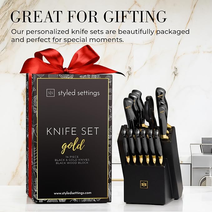 Personalized Black and Gold Knife Set with Block and Sharpener, 14-Piece | Custom Engraved Titanium-Coated Gold Knives - Full Tang, Stainless Steel, Ergonomic, Gift-Ready